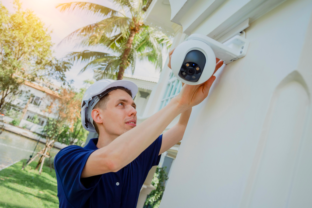 Technicien installe caméra de surveillance