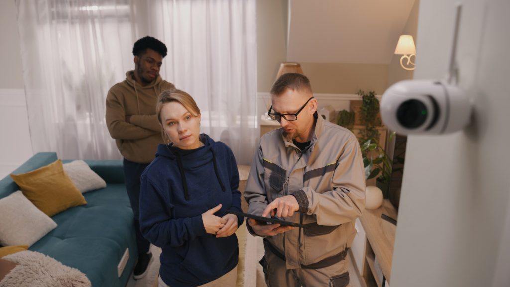 Homme qui installe et montre le fonctionnement de l'alarme